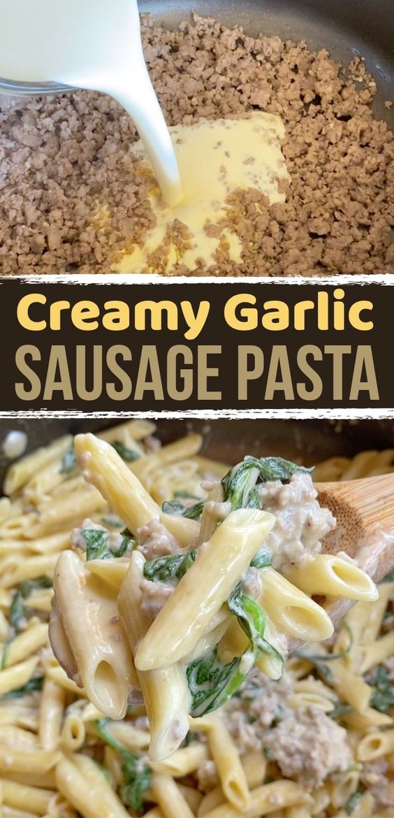 20-Minute-Creamy-Garlic-Sausage-&-Spinach-Pasta