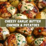 Garlic Butter Chicken Bites with Parmesan Cream Sauce and Cheesy Roasted Potatoes