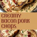Pork chops covered with cream sauce and sprinkled with crispy bacon, served with mashed potatoes and herbs on a warm wooden board.