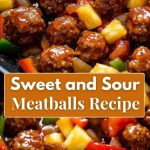 meatballs in a sweet-acid sauce with pineapple and vegetables served with rice on a white plate.