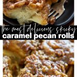 Sweet rolls with caramel and pecans, beautifully arranged on a white plate, with a golden crust and shiny glaze.