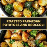 Golden fried potatoes with grated parmesan and green broccoli florets served in a white ceramic bowl against a wooden countertop.