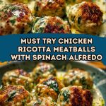 delicate meatballs with ricotta in the Alfredo cream sauce with spinach, served in a deep plate with greens.