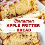Apple-cinnamon cake with vanilla glaze, cut, showing the soft texture with pieces of apples and a thin layer of white glaze on top, against a wooden surface.