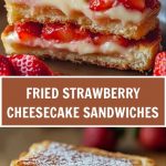 Strawberry cheesecake sandwiches, cut in half, laid on a plate, a layer of butter cream and fresh strawberries is visible in the cut, fresh berries and mint are nearby.