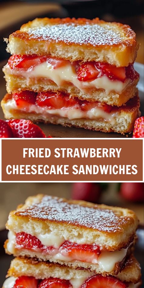 Strawberry cheesecake sandwiches, cut in half, laid on a plate, a layer of butter cream and fresh strawberries is visible in the cut, fresh berries and mint are nearby.