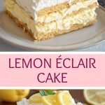 A close-up of a slice of no-bake lemon eclair pie on a white plate with the layers of cream and base visible, garnished with lemon zest and mint.