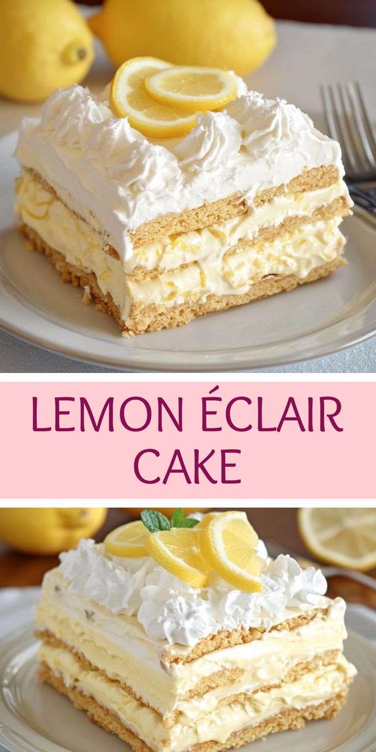 A close-up of a slice of no-bake lemon eclair pie on a white plate with the layers of cream and base visible, garnished with lemon zest and mint.