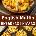 A cut English muffin filled with scrambled eggs, crumbled bacon and melted cheese, drizzled with Heinz chili sauce, shot close-up on a wooden board.