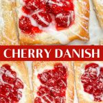 A slice of Danish cherry pie with a golden crust and juicy cherry filling, on a white plate with a fork, fresh cherries nearby.
