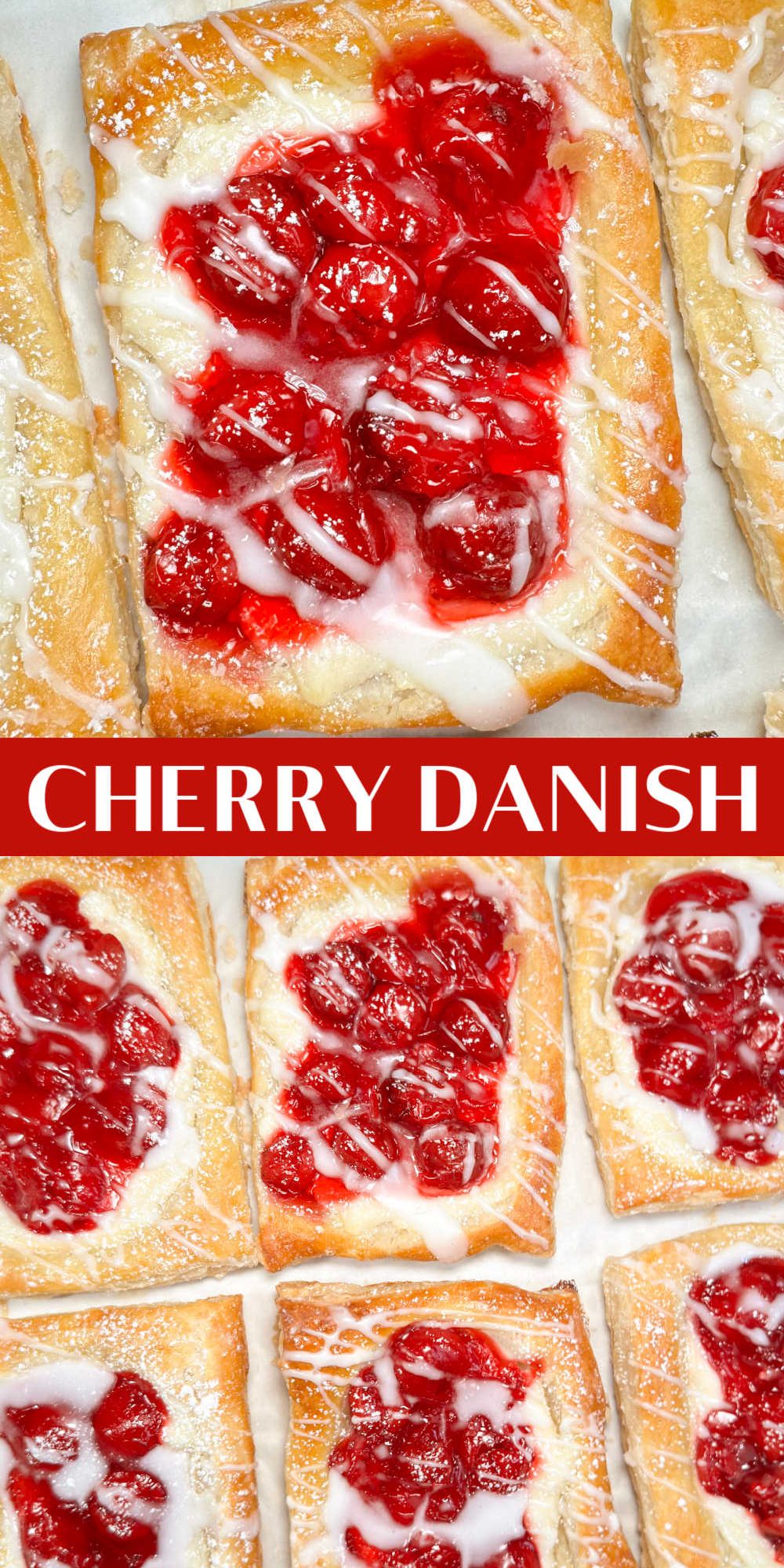A slice of Danish cherry pie with a golden crust and juicy cherry filling, on a white plate with a fork, fresh cherries nearby.