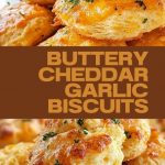 Golden-brown cookies with visible flecks of cheddar cheese and herbs, laid out on a wooden board next to garlic and cheese shavings.
