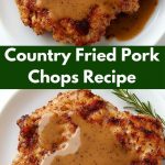 Country fried pork chops with a golden crust, served on a wooden board with herbs and a homemade side dish, close-up.