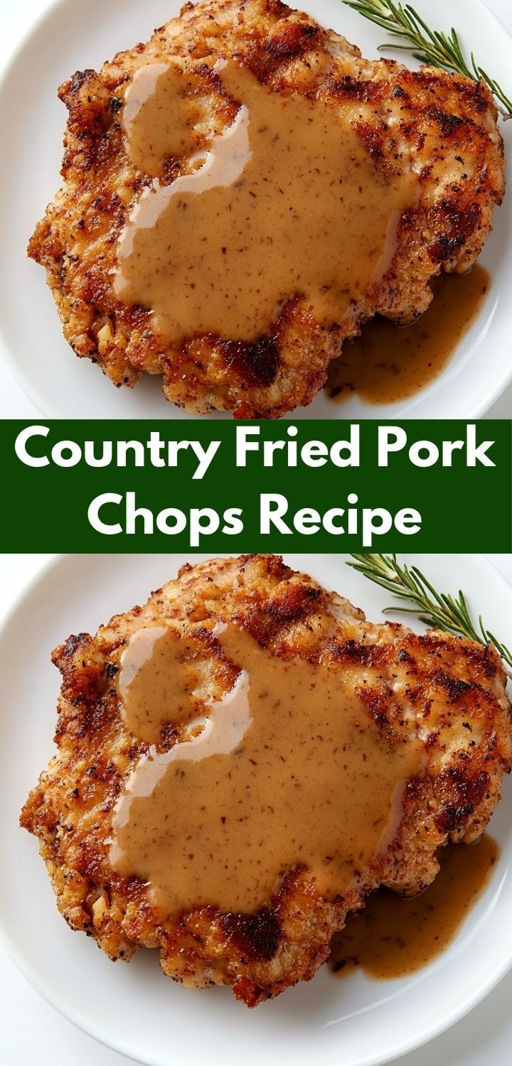 Country fried pork chops with a golden crust, served on a wooden board with herbs and a homemade side dish, close-up.
