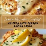 A chicken covered with creamy lemon sauce with grated pecorino cheese is served on a plate with lemon slices and herbs - a close -up that emphasizes the creamy texture and golden crust.