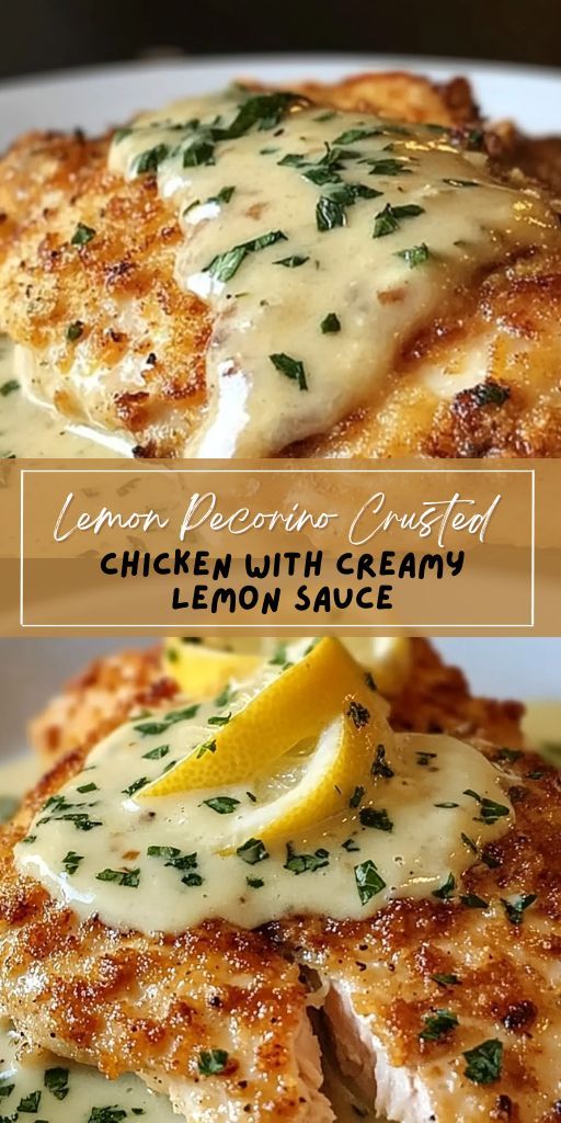 A chicken covered with creamy lemon sauce with grated pecorino cheese is served on a plate with lemon slices and herbs - a close -up that emphasizes the creamy texture and golden crust.