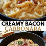 Classic carbonara pasta with bacon, sprinkled with black pepper and grated cheese, served on a white plate, close-up.
