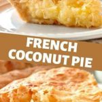 A slice of French coconut pie on a white plate, a slightly golden crust and coconut flakes on top.