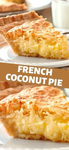 A slice of French coconut pie on a white plate, a slightly golden crust and coconut flakes on top.