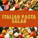 Italian pasta salad in a deep white bowl: multi-colored pasta, tomatoes, olives and greens close-up.