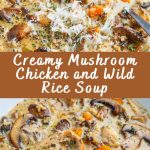 A bowl of cream soup with mushrooms, chicken and wild rice, sprinkled with fresh herbs on top, against the background of a wooden table with a spoon on the side.