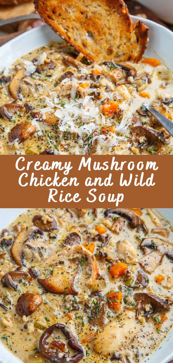 A bowl of cream soup with mushrooms, chicken and wild rice, sprinkled with fresh herbs on top, against the background of a wooden table with a spoon on the side.