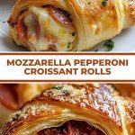Golden croissants stuffed with pepperoni are laid out on a wooden board; One of them is broken, revealing a juicy filling with melted cheese and slices of sausage.