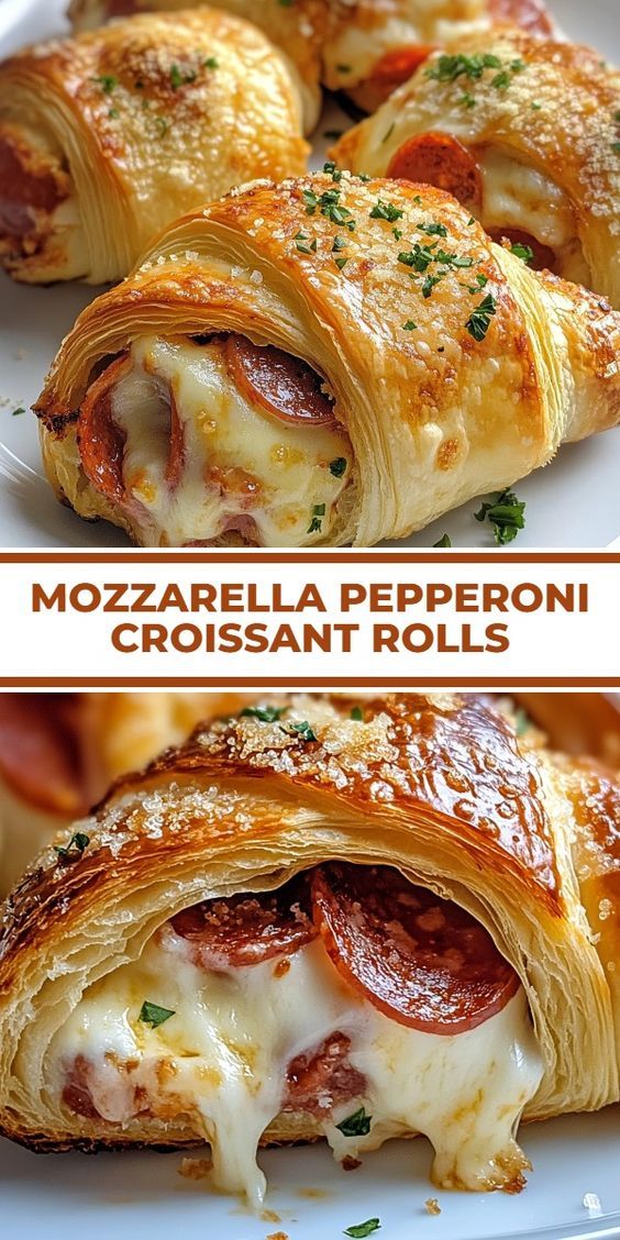Golden croissants stuffed with pepperoni are laid out on a wooden board; One of them is broken, revealing a juicy filling with melted cheese and slices of sausage.
