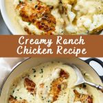 Chicken pieces in a thick creamy ranch sauce in a frying pan, decorated with fresh herbs, close-up with an emphasis on the texture of the sauce.