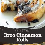 Cinnamon rolls with Oreo crumbs, covered with white icing, on a white plate close-up, emphasizing the texture of the filling and golden crust.