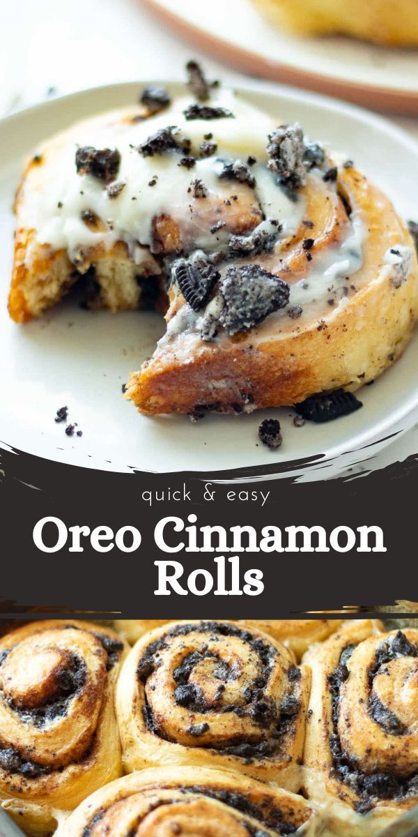 Cinnamon rolls with Oreo crumbs, covered with white icing, on a white plate close-up, emphasizing the texture of the filling and golden crust.