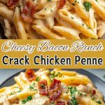 Penne in a thick creamy sauce with pieces of chicken, bacon and melted cheese, served in a deep plate with a sprinkle of fresh herbs.