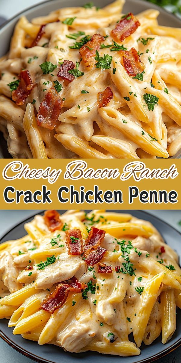 Penne in a thick creamy sauce with pieces of chicken, bacon and melted cheese, served in a deep plate with a sprinkle of fresh herbs.