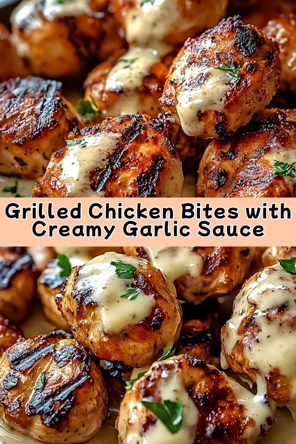 Appetizing pieces of chicken with a crispy crust, topped with a creamy garlic sauce, on a white plate with herbs and lemon for decoration.