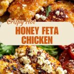 Crispy pieces of spicy chicken covered with honey glaze, decorated with feta crumbs and herbs, laid out on a serving board, close-up with an emphasis on texture and shine.
