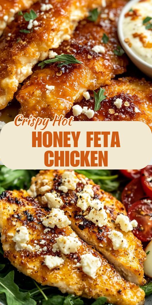 Crispy pieces of spicy chicken covered with honey glaze, decorated with feta crumbs and herbs, laid out on a serving board, close-up with an emphasis on texture and shine.