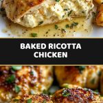 Baked chicken breasts with ricotta, laid out in a ceramic dish, golden crust on top and fresh herbs for decoration.
