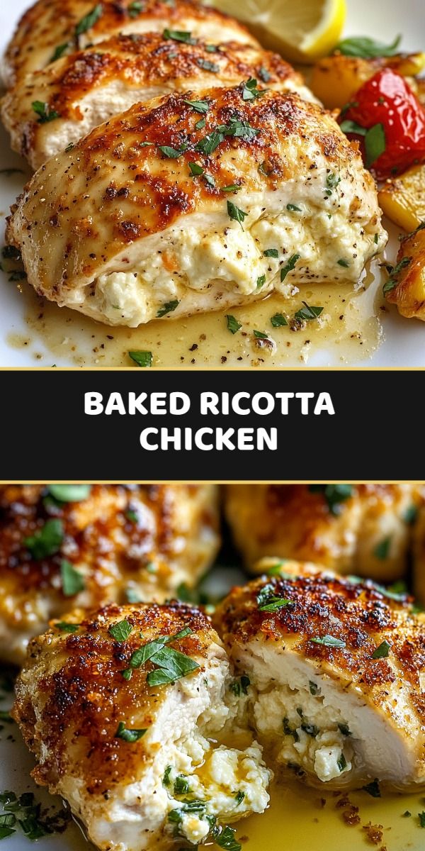 Baked chicken breasts with ricotta, laid out in a ceramic dish, golden crust on top and fresh herbs for decoration.