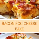 Pastry with melted cheese, crispy bacon and an egg in the center, cut into portions and served on a wooden board with herbs and fresh bread.
