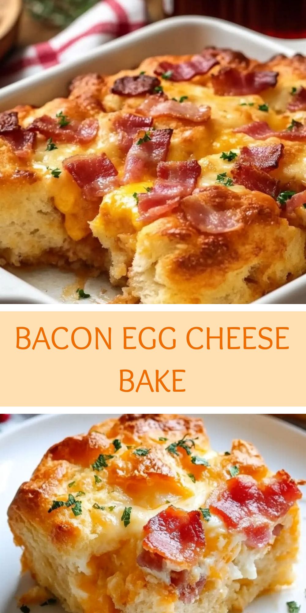 Pastry with melted cheese, crispy bacon and an egg in the center, cut into portions and served on a wooden board with herbs and fresh bread.