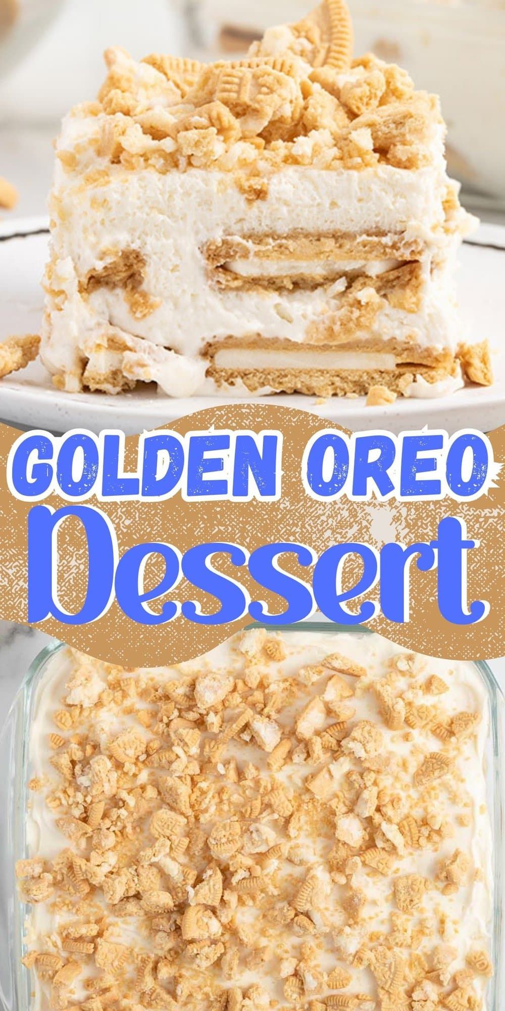 a cake with Oreo in section: chocolate cakes, layers of light cream with pieces of cookies, decorated with whipped cream and whole Oreo against the background of a dessert plate are visible.