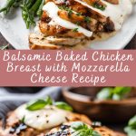 Baked chicken breast, covered with molten cheese of mozzarella and sprinkled with balsamic sauce, is decorated with fresh basil and chopped tomatoes, served on a white ceramic plate.