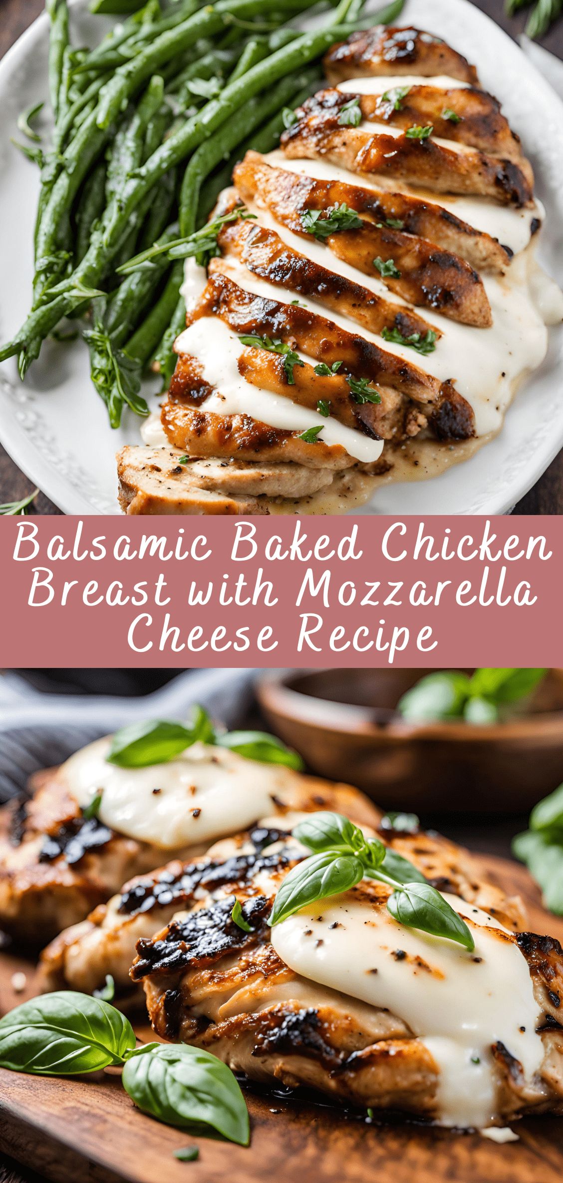 Baked chicken breast, covered with molten cheese of mozzarella and sprinkled with balsamic sauce, is decorated with fresh basil and chopped tomatoes, served on a white ceramic plate.