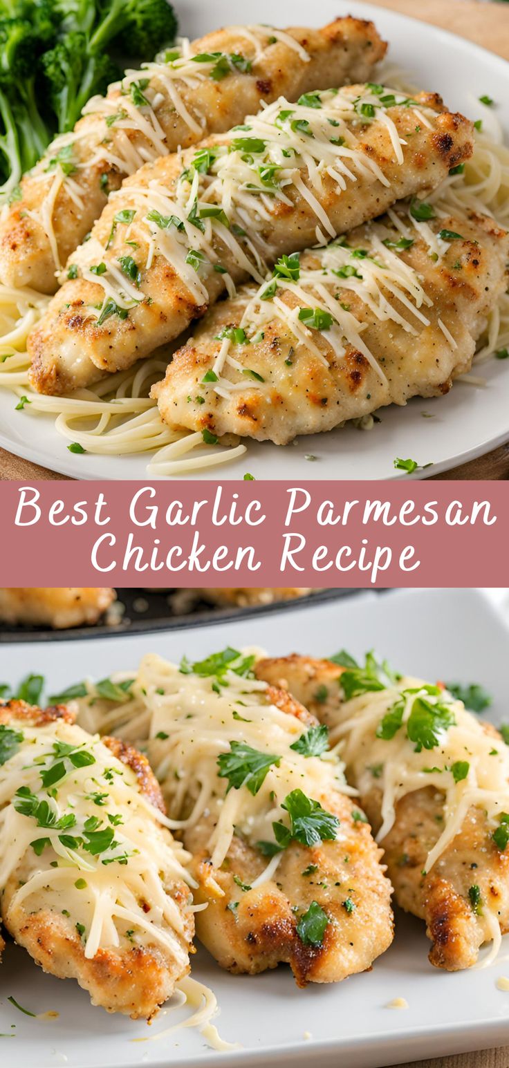 Juicy pieces of chicken in a crispy garlic-cheese breading, covered with grated parmesan and herbs, served on a white plate, top view.