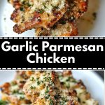 Chicken pieces covered with a golden crust of parmesan and garlic are laid out on a white plate with herbs in the background.