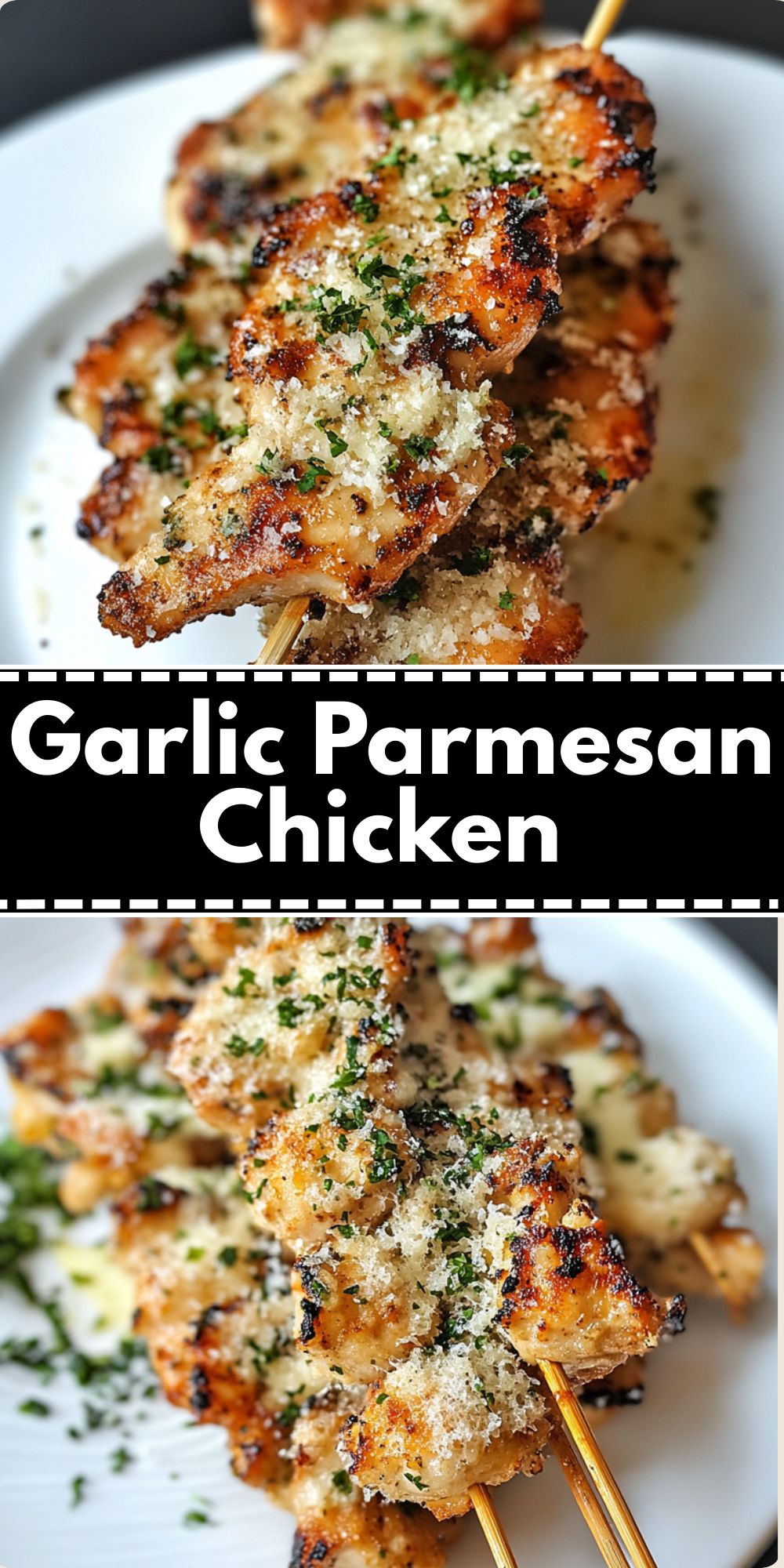 Chicken pieces covered with a golden crust of parmesan and garlic are laid out on a white plate with herbs in the background.