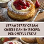 Strawberry Danish cake with cream filling and strawberry pieces, baked until golden brown, served on a white plate with berries and herbs.