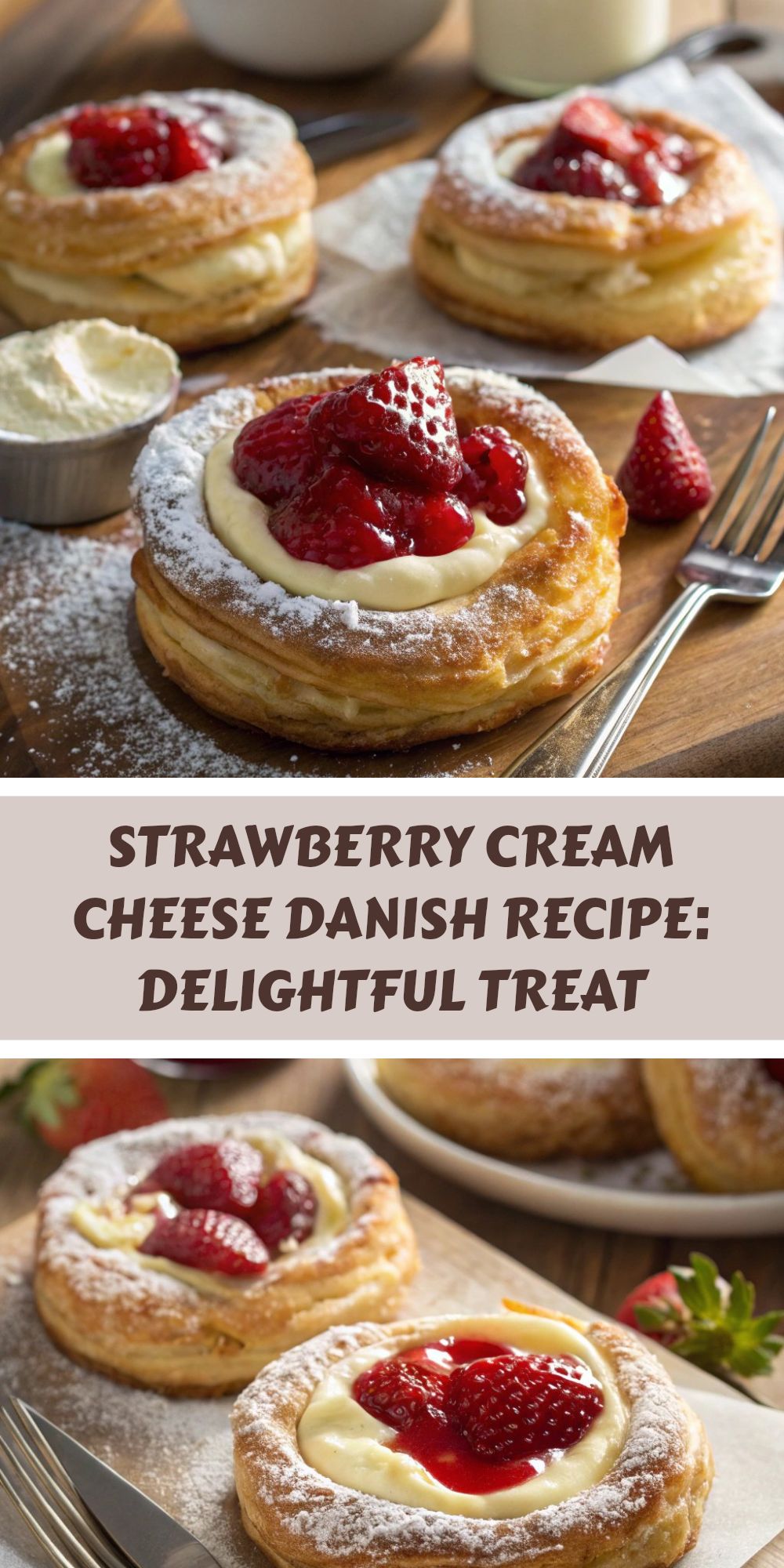 Strawberry Danish cake with cream filling and strawberry pieces, baked until golden brown, served on a white plate with berries and herbs.