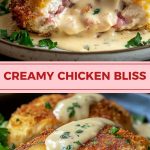 Chicken breast in crispy breading, cut and covered with creamy sauce on a white plate, a sprig of greenery nearby.