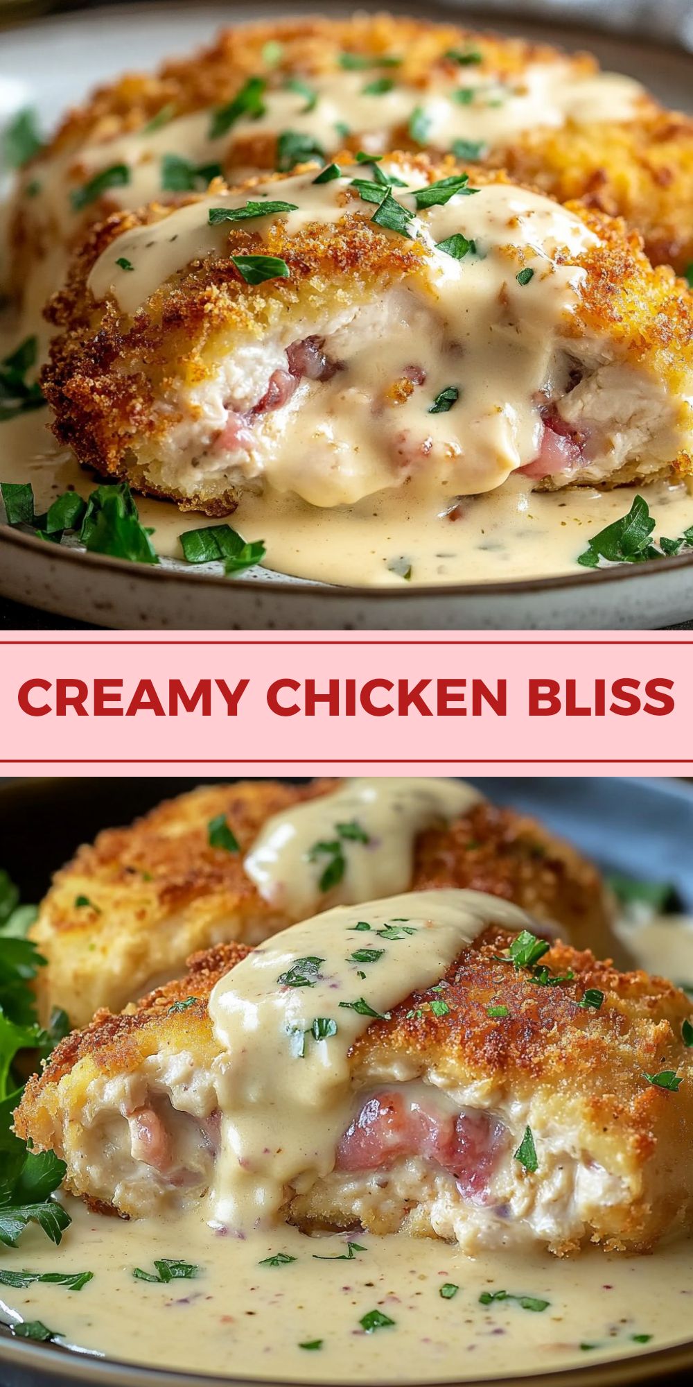 Chicken breast in crispy breading, cut and covered with creamy sauce on a white plate, a sprig of greenery nearby.